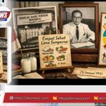 Ilustrasi sejarah Hari Gizi Nasional 25 Januari 1951 menampilkan Prof. Poorwo Soedarmo, konsep Empat Sehat Lima Sempurna, dan pedoman Gizi Seimbang.