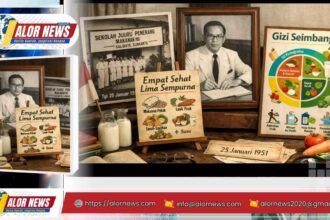 Ilustrasi sejarah Hari Gizi Nasional 25 Januari 1951 menampilkan Prof. Poorwo Soedarmo, konsep Empat Sehat Lima Sempurna, dan pedoman Gizi Seimbang.