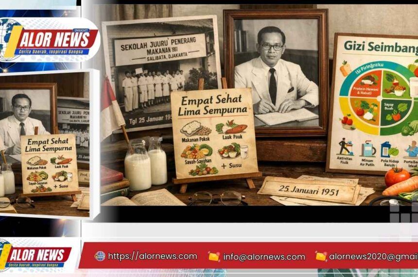 Ilustrasi sejarah Hari Gizi Nasional 25 Januari 1951 menampilkan Prof. Poorwo Soedarmo, konsep Empat Sehat Lima Sempurna, dan pedoman Gizi Seimbang.