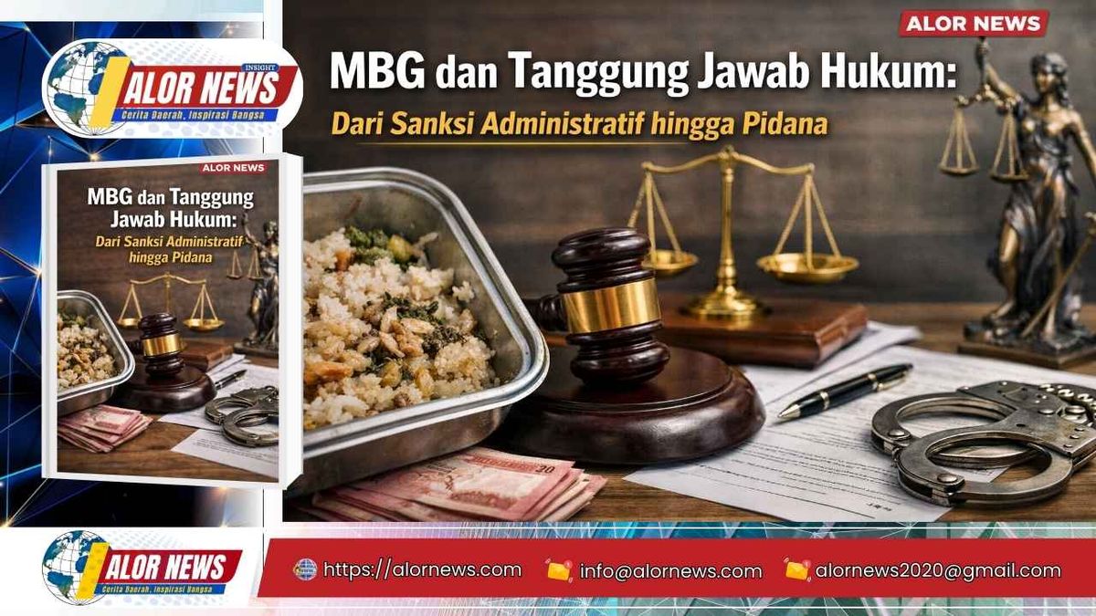 Gambar ilustrasi tanggung jawab hukum MBG dengan simbol keadilan dan keamanan pangan.