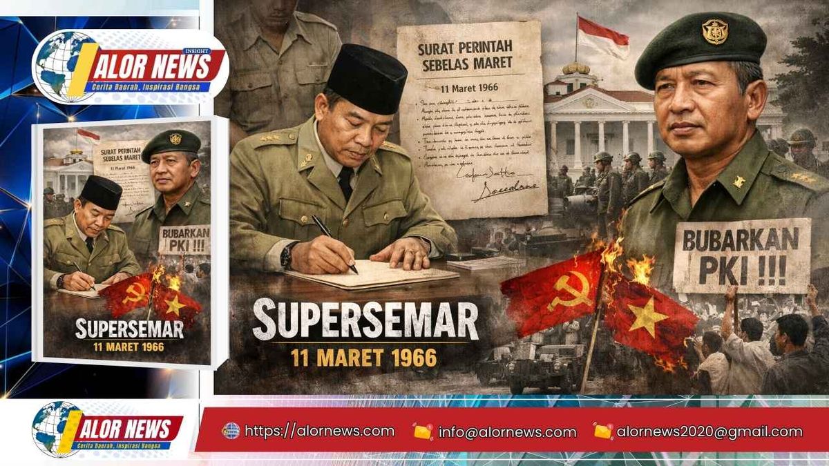 Ilustrasi penandatanganan Supersemar oleh Soekarno pada 11 Maret 1966 yang memberikan kewenangan kepada Soeharto dalam menjaga stabilitas politik Indonesia.
