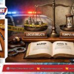Ilustrasi konsep locus delicti dan tempus delicti dalam hukum pidana dengan timbangan keadilan, buku KUHP, jam, dan garis polisi.