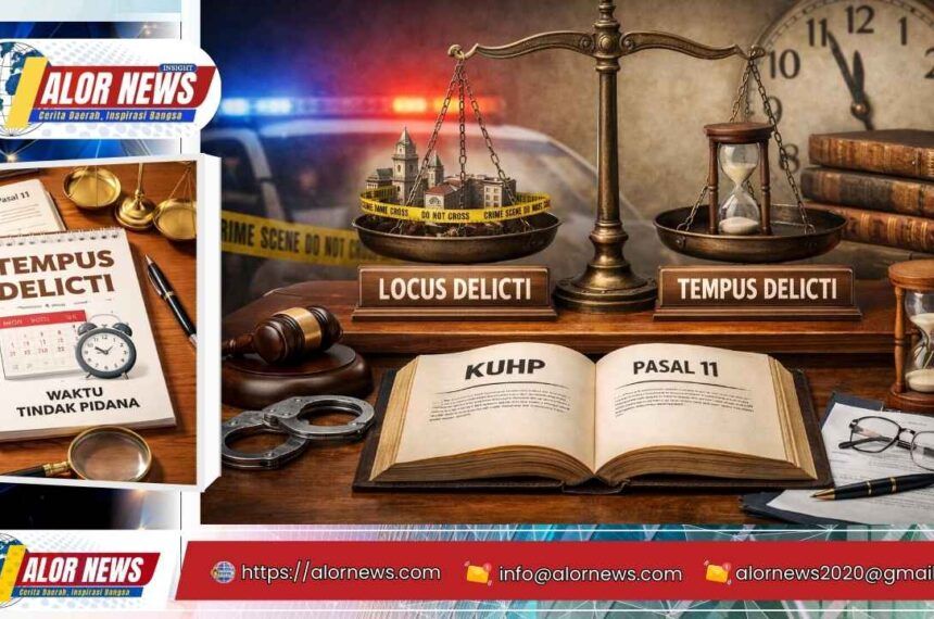 Ilustrasi konsep locus delicti dan tempus delicti dalam hukum pidana dengan timbangan keadilan, buku KUHP, jam, dan garis polisi.