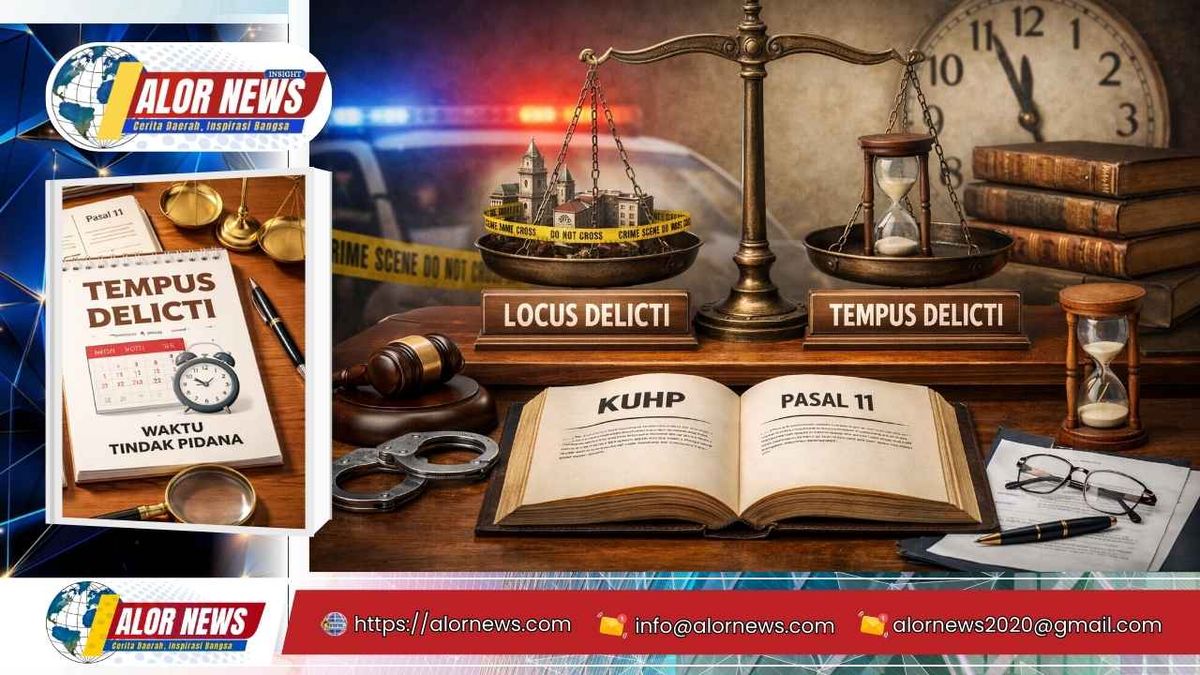 Ilustrasi konsep locus delicti dan tempus delicti dalam hukum pidana dengan timbangan keadilan, buku KUHP, jam, dan garis polisi.