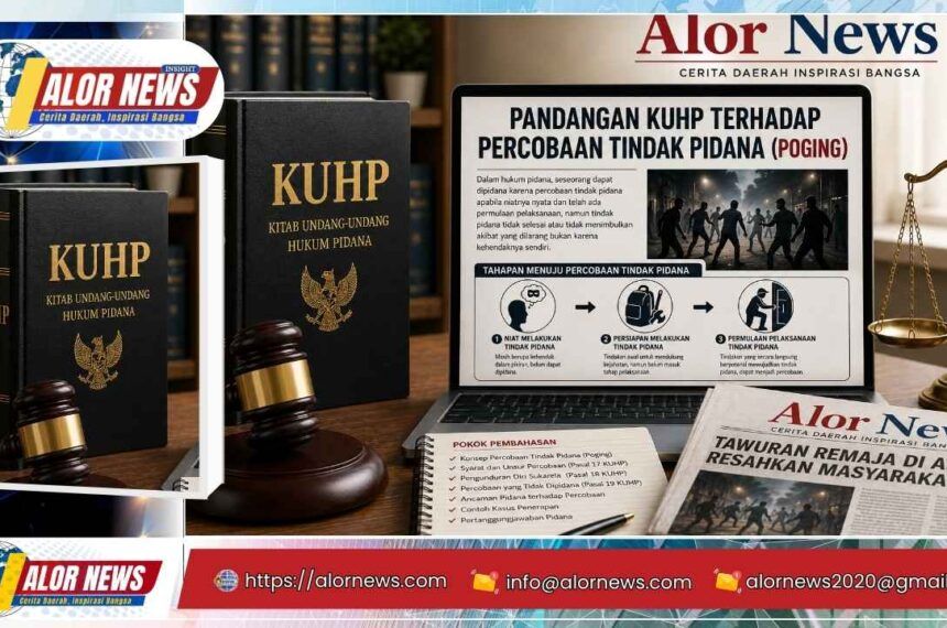 Percobaan tindak pidana dalam KUHP baru dengan simbol hukum pengadilan dan KUHP