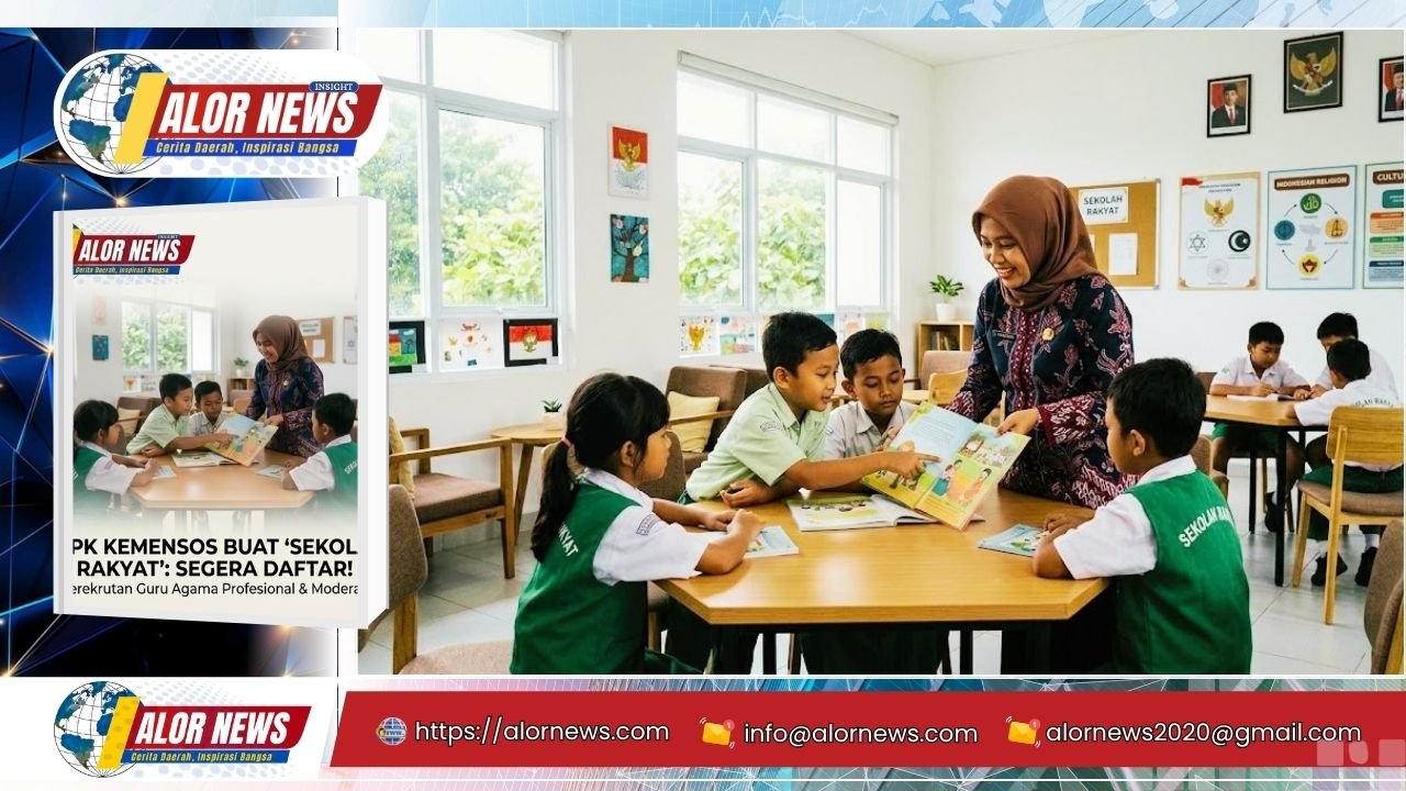 Poster infografis Alor News tentang seleksi PPPK Guru Agama Kemensos 2026 Sekolah Rakyat dengan foto ilustrasi guru wanita dan murid-murid di dalam kelas.