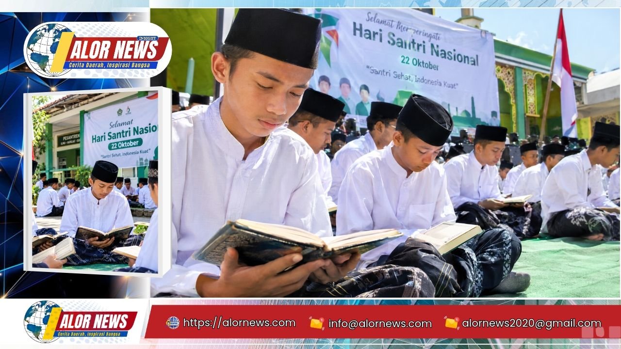 Santri membaca kitab dalam peringatan Hari Santri Nasional di lingkungan pesantren